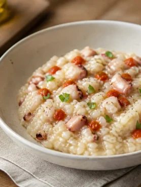 Riso cremoso con anelli di totano, peperone rosso e prezzemolo