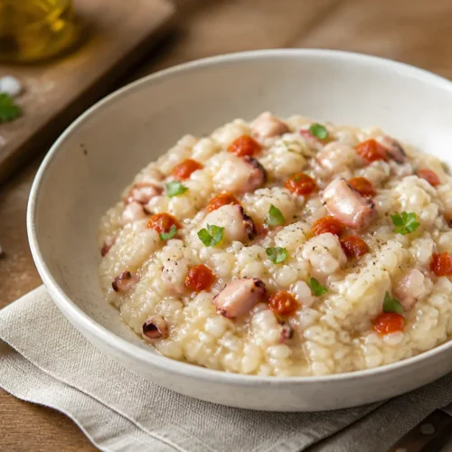 Riso cremoso con anelli di totano e peperoni