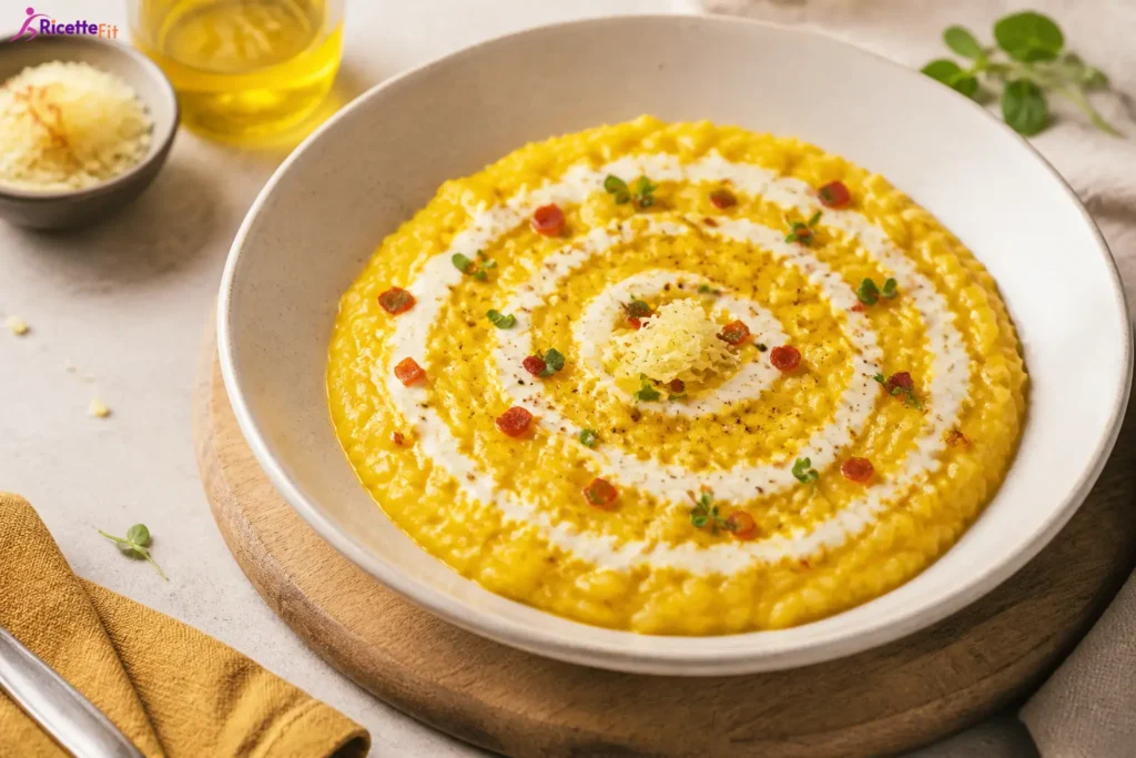 Risotto al peperone rosso e pecorino con crema bianca e cubetti di peperone
