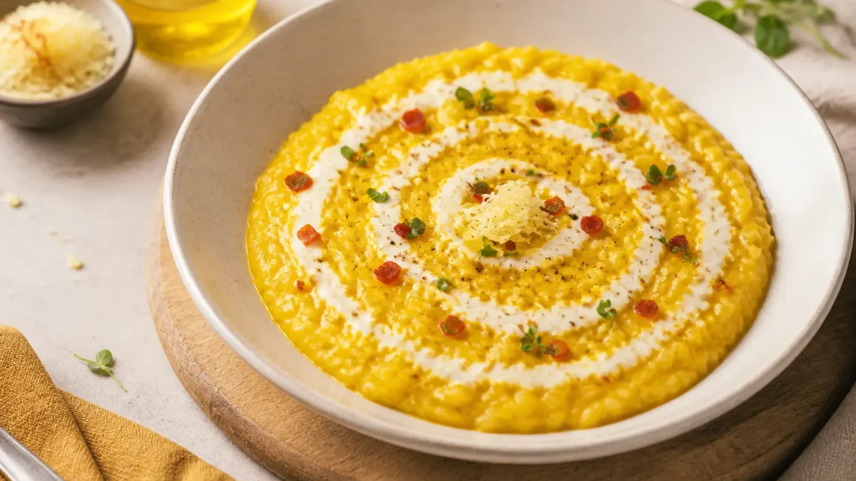 Risotto al peperone rosso e pecorino con crema bianca e cubetti di peperone