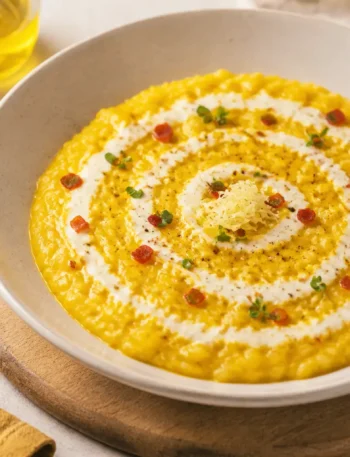 Risotto al peperone rosso e pecorino con crema bianca e cubetti di peperone