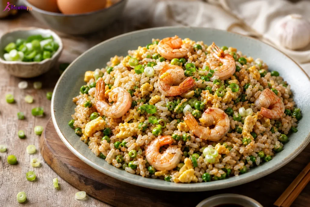 Risotto alla cantonese con gamberetti, piselli, uova e cipollotto
