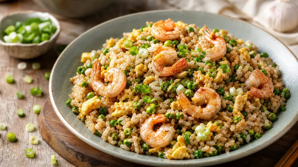 Risotto alla cantonese con gamberetti, piselli, uova e cipollotto