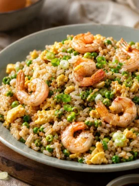 Risotto alla cantonese con gamberetti, piselli, uova e cipollotto