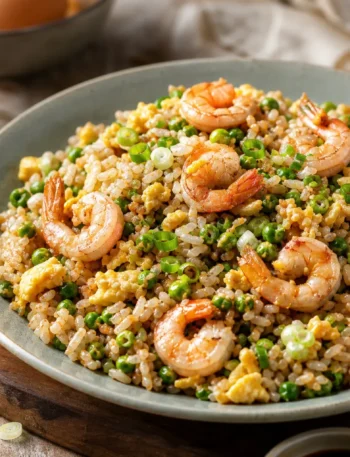 Risotto alla cantonese con gamberetti, piselli, uova e cipollotto