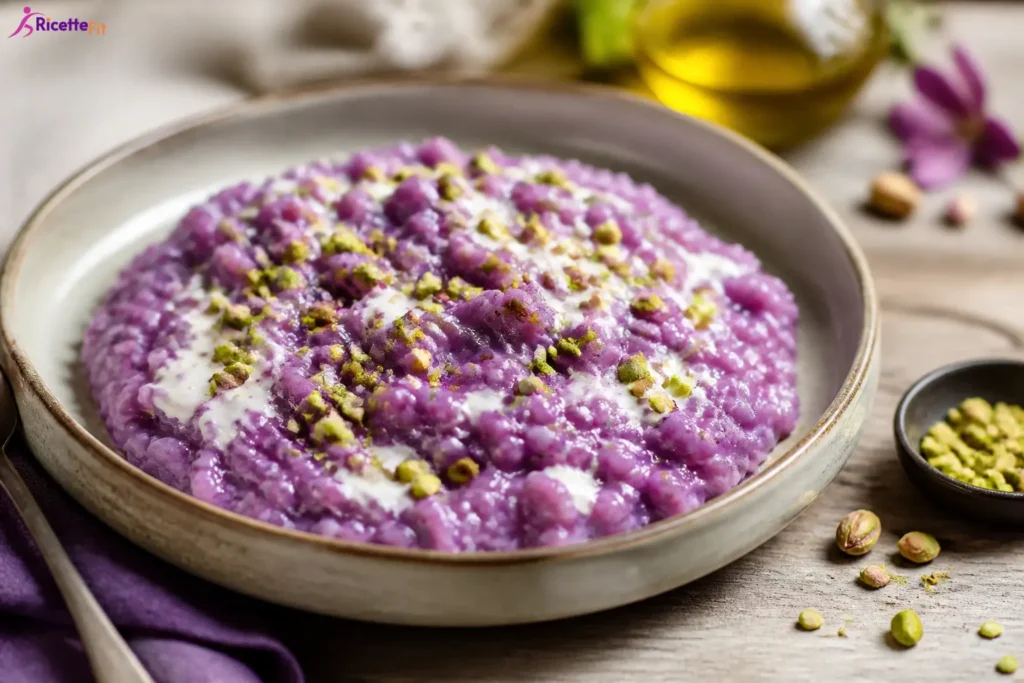 Risotto con cavolo viola, crema al gorgonzola e granella di pistacchi