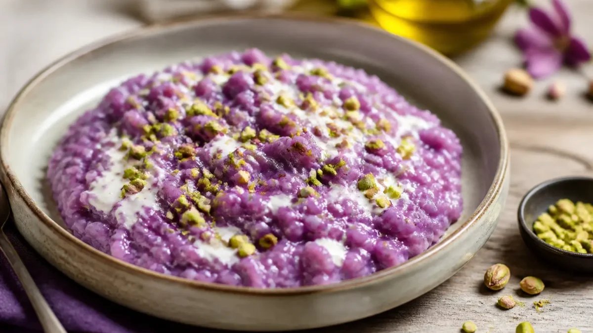 Risotto con cavolo viola, crema al gorgonzola e granella di pistacchi