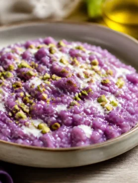 Risotto con cavolo viola, crema al gorgonzola e granella di pistacchi
