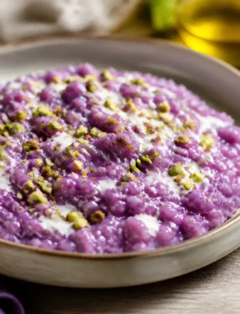 Risotto con cavolo viola, crema al gorgonzola e granella di pistacchi