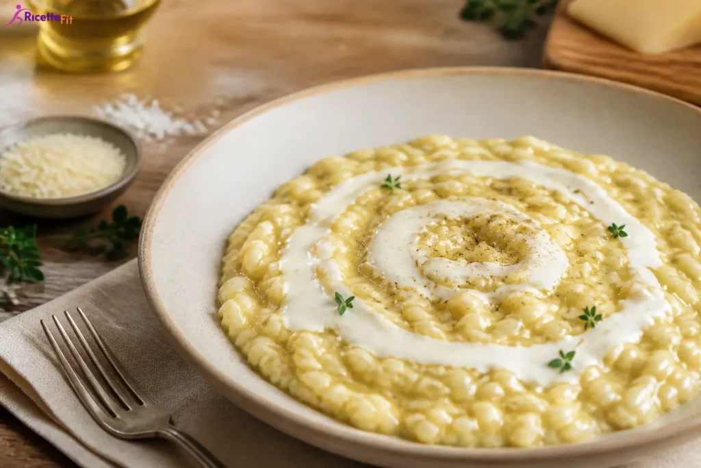 Risotto cremoso con crema di piselli e fonduta di provola