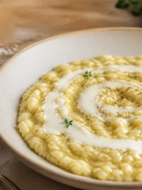 Risotto cremoso con crema di piselli e fonduta di provola