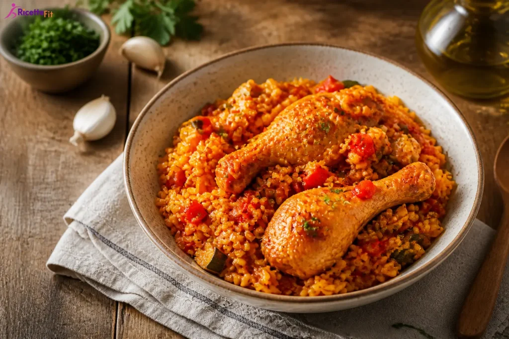 Risotto con pollo speziato, peperone e zucchina in ciotola