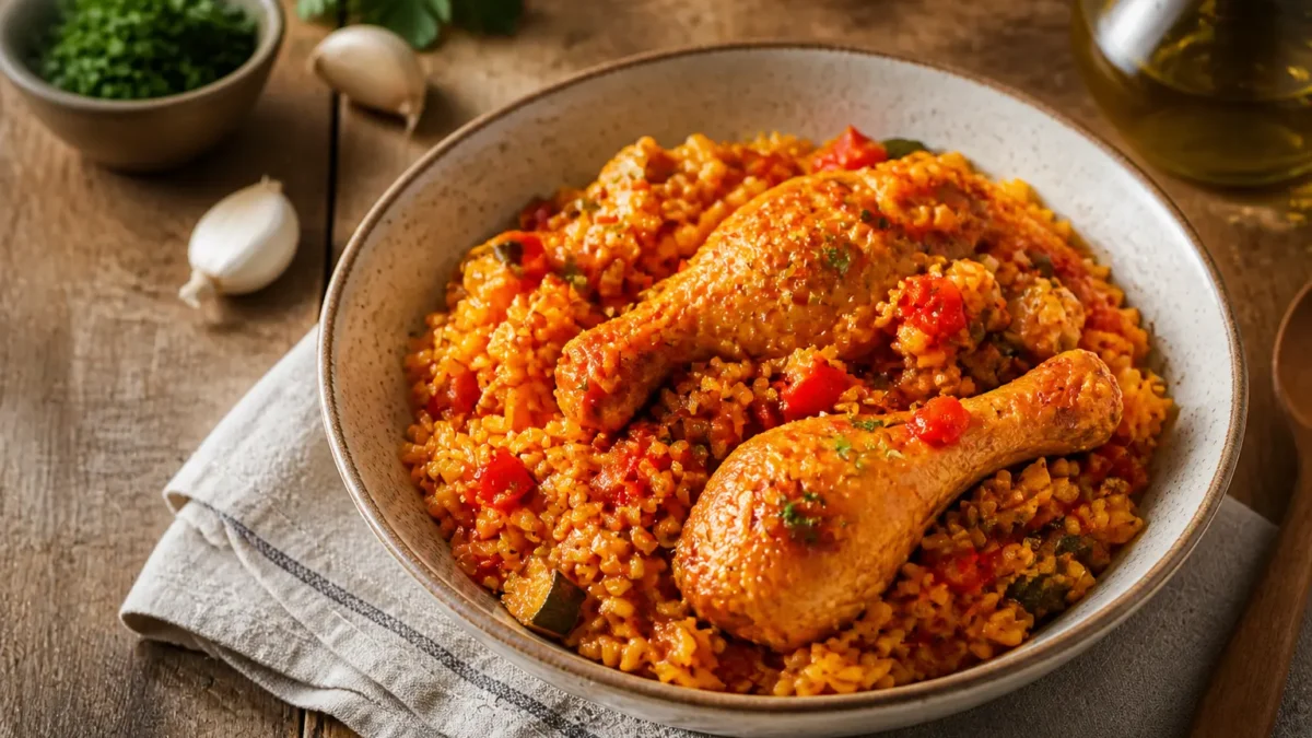 Risotto con pollo speziato, peperone e zucchina in ciotola
