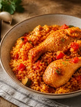 Risotto con pollo speziato, peperone e zucchina in ciotola