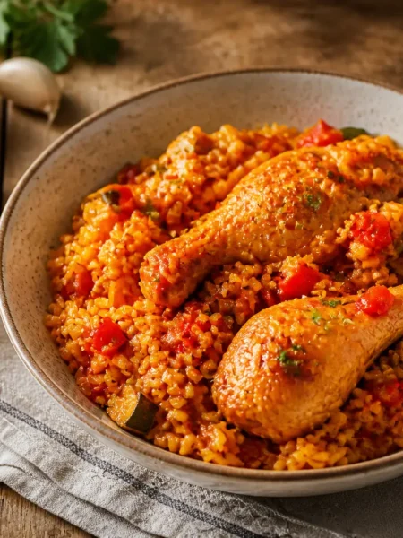 Risotto con pollo speziato, peperone e zucchina in ciotola