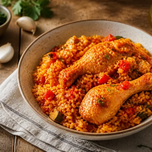 Risotto con pollo speziato e verdure saltate