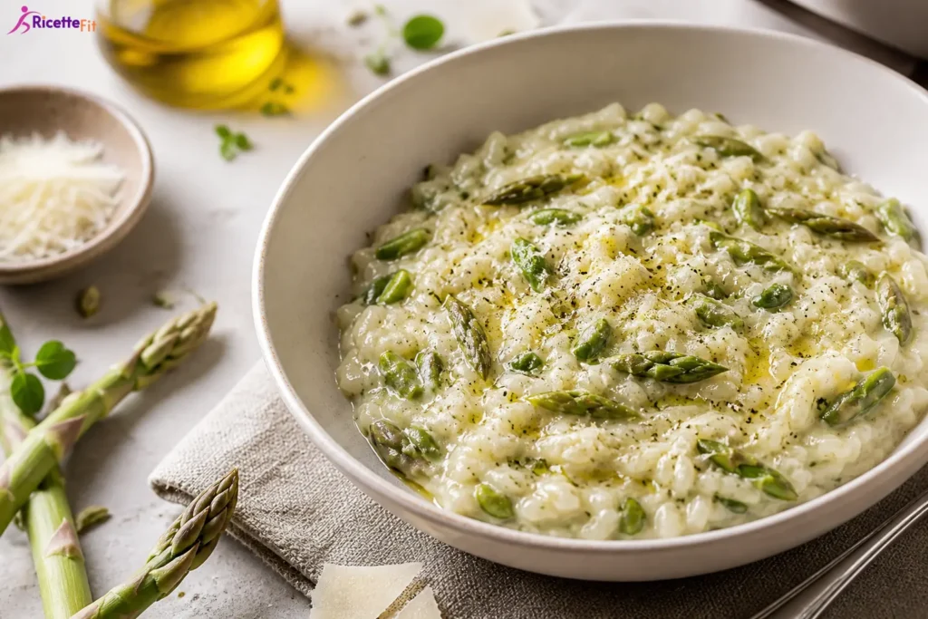 Risotto cremoso con asparagi, gorgonzola e parmigiano in ciotola
