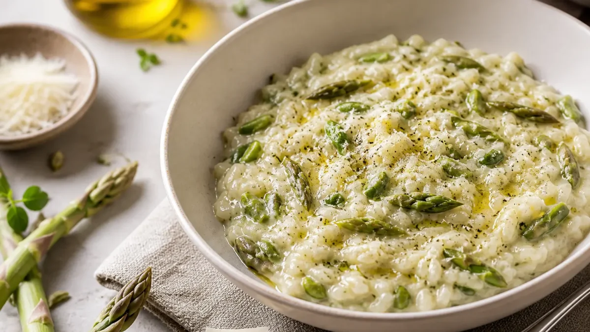 Risotto cremoso con asparagi, gorgonzola e parmigiano in ciotola