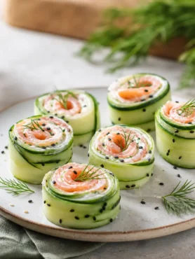 Rolls di cetriolo e salmone con crema light, aneto e sesamo nero