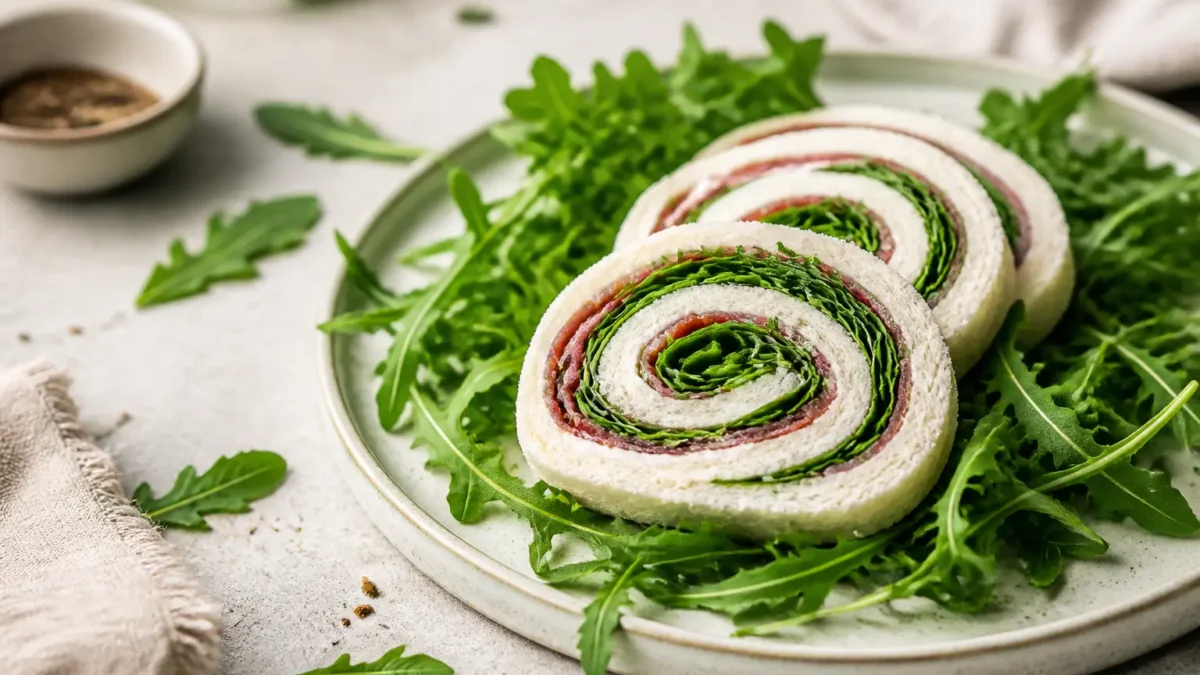 Girelle di pancarrè con bresaola, rucola e crema leggera su piatto