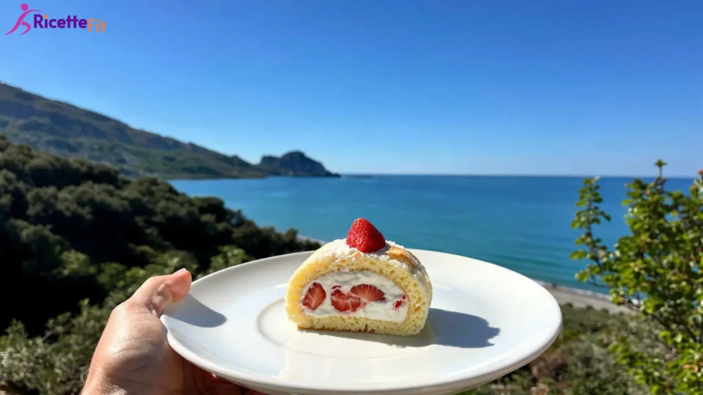 Fetta di rotolo light panna e fragole gluten free su piatto bianco