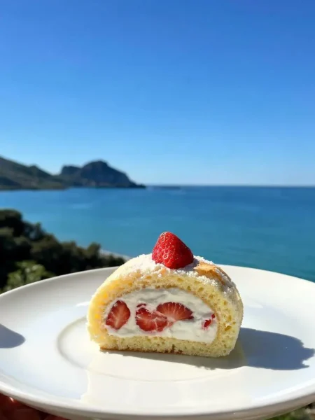 Fetta di rotolo light panna e fragole gluten free su piatto bianco