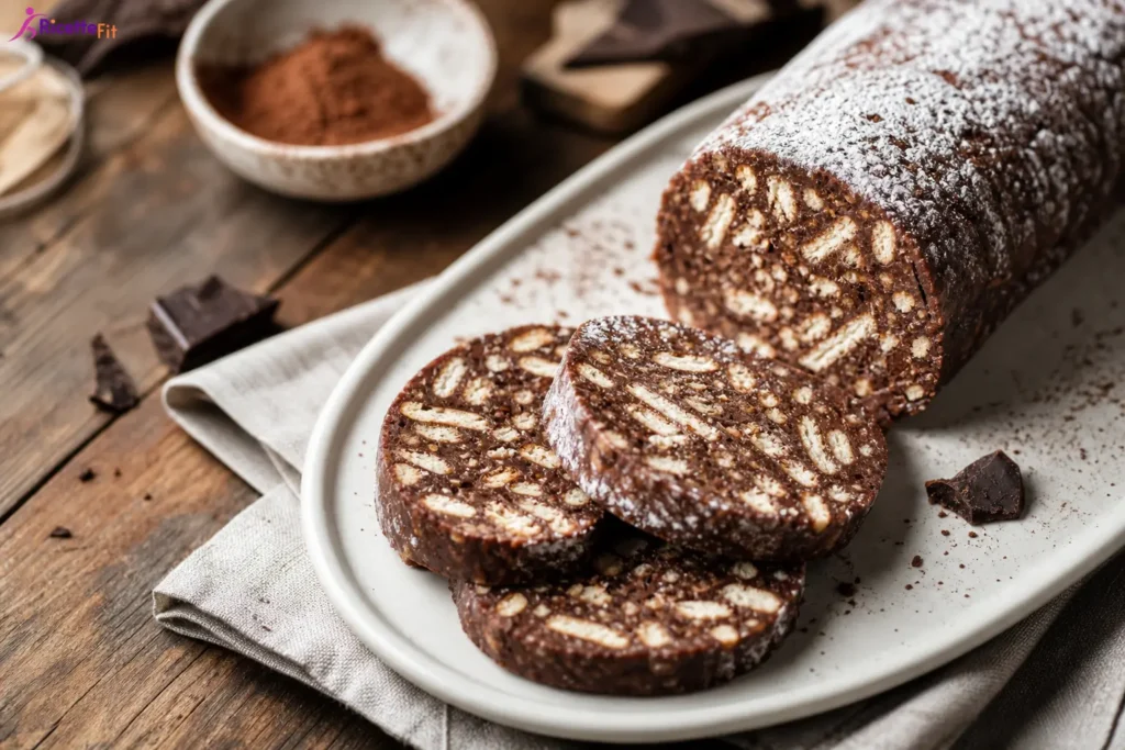Salame di cioccolato fit a fette con biscotti integrali e cacao