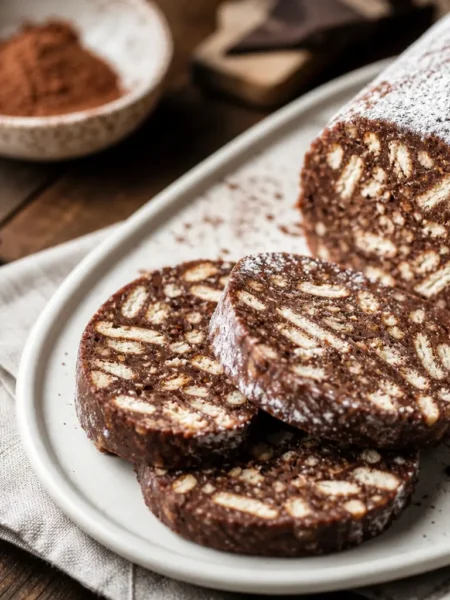 Salame di cioccolato fit a fette con biscotti integrali e cacao