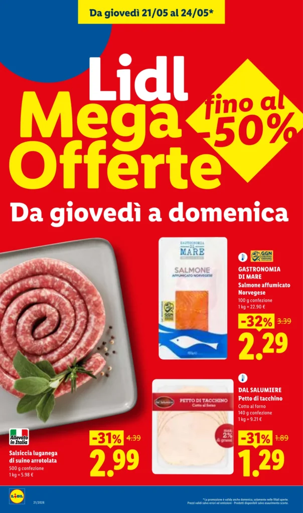 Volantino Lidl Mega Offerte dal 21 al 24 maggio con salmone affumicato norvegese in promozione a 2,29 euro.