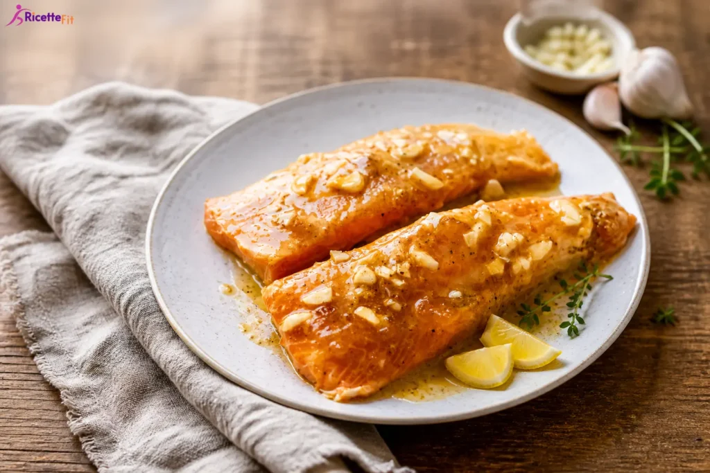 Salmone al forno con senape e miele, limone, aglio e timo