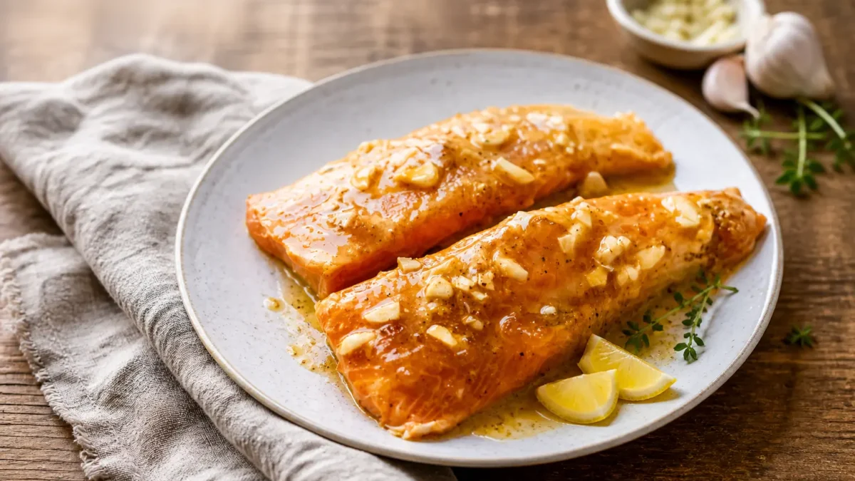 Salmone al forno con senape e miele, limone, aglio e timo