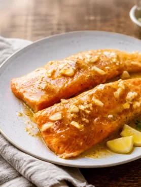 Salmone al forno con senape e miele, limone, aglio e timo