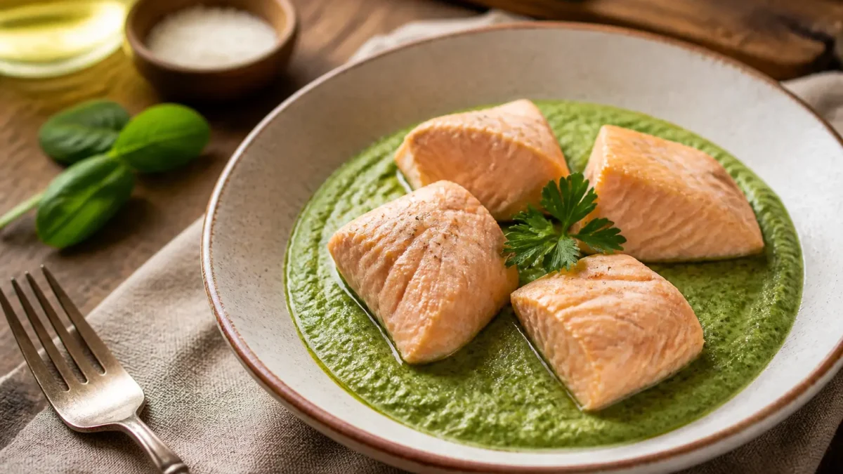Salmone al vapore con crema di broccoli verde