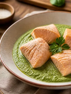 Salmone al vapore con crema di broccoli verde