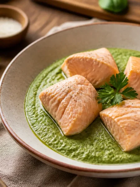 Salmone al vapore con crema di broccoli verde