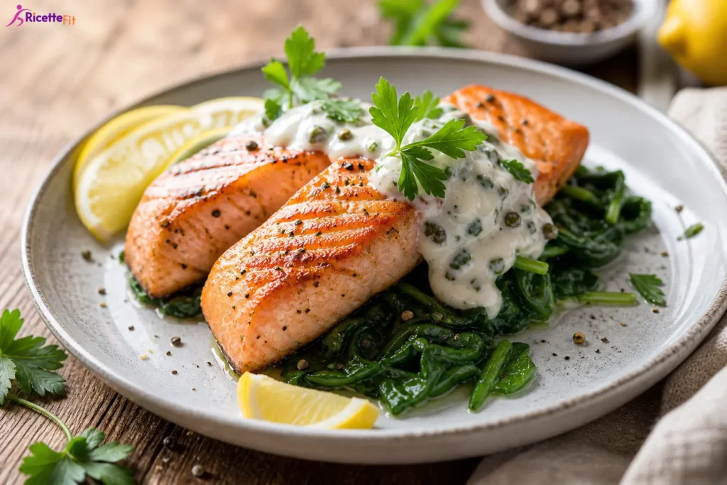 Salmone alla piastra con salsa allo yogurt e aneto su spinaci
