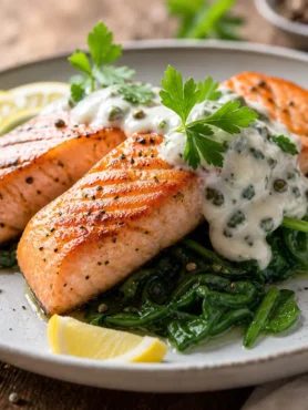 Salmone alla piastra con salsa allo yogurt e aneto su spinaci