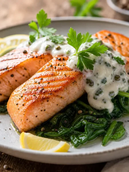 Salmone alla piastra con salsa allo yogurt e aneto su spinaci