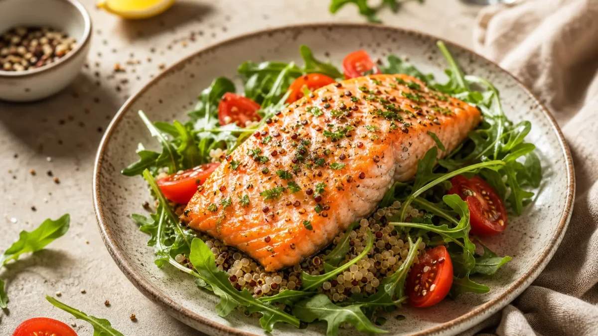Salmone al forno con quinoa, rucola e pomodorini