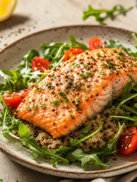 Salmone al forno con quinoa, rucola e pomodorini
