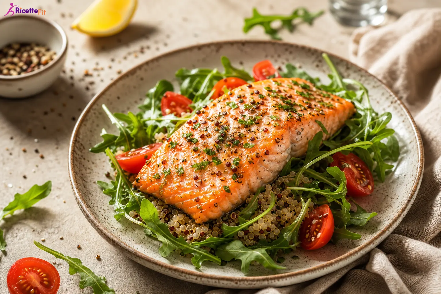 Salmone al forno con quinoa, rucola e pomodorini