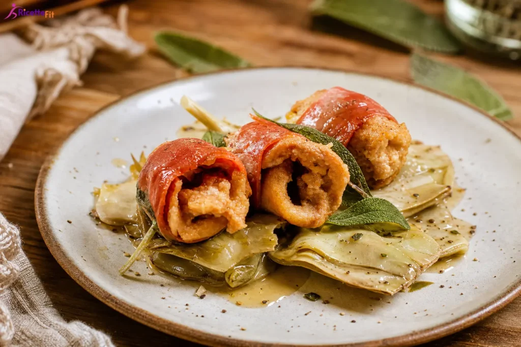 Saltimbocca vegan con seitan, salvia e carciofi serviti nel piatto
