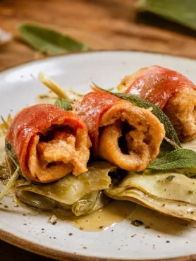 Saltimbocca vegan con seitan, salvia e carciofi serviti nel piatto
