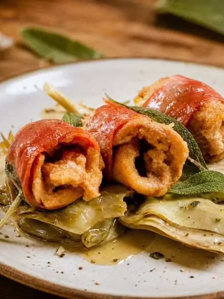 Saltimbocca vegan con seitan, salvia e carciofi serviti nel piatto