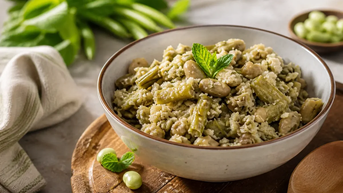 Sauza calabrese fit con fave fresche, mollica integrale e menta in ciotola
