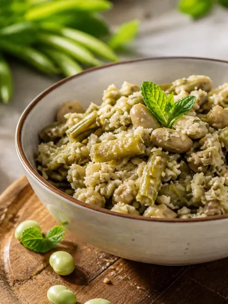 Sauza calabrese fit con fave fresche, mollica integrale e menta in ciotola