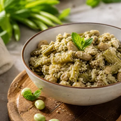 Sauza calabrese con fave fresche, mollica integrale e menta