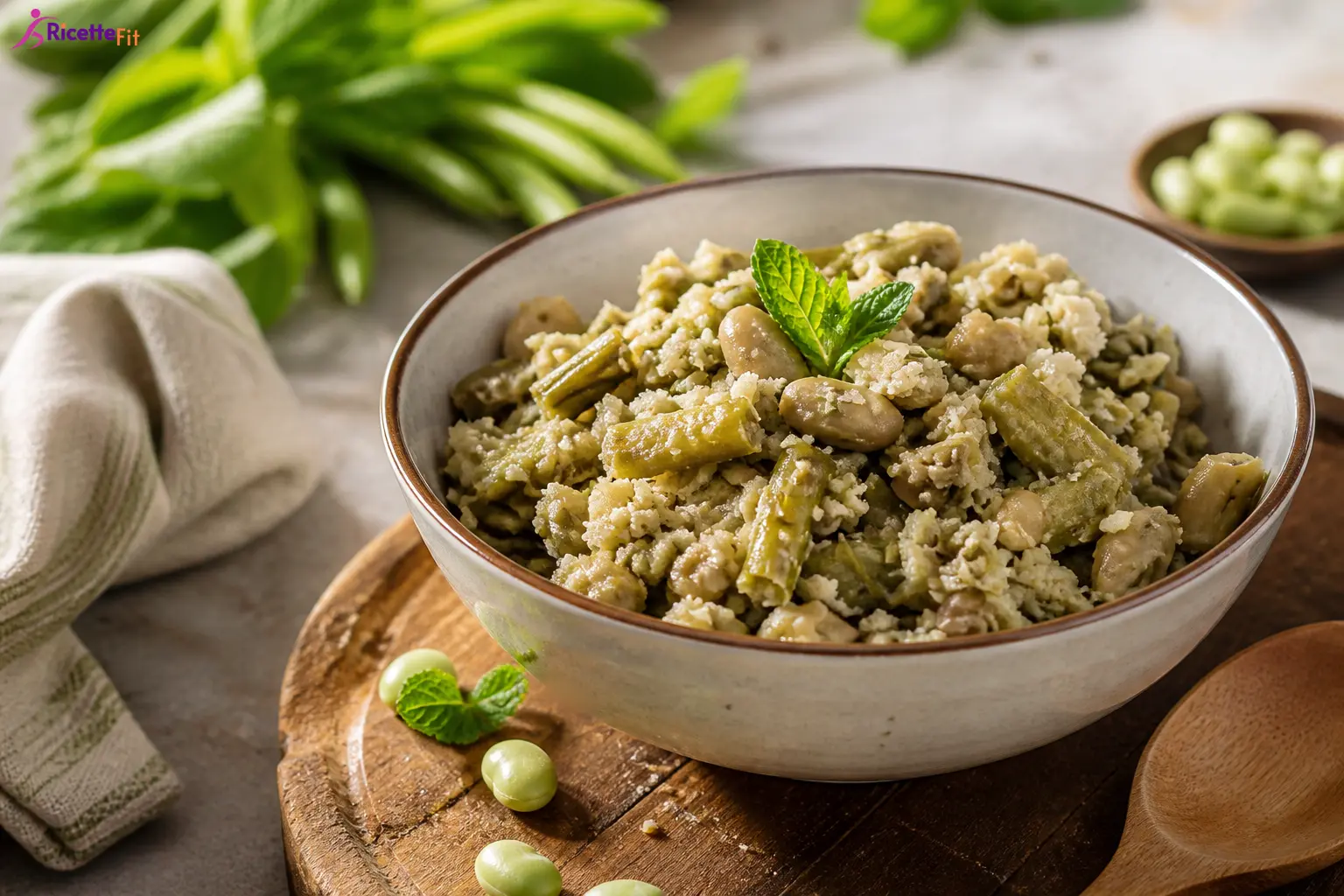 Sauza calabrese con fave fresche, mollica integrale e menta