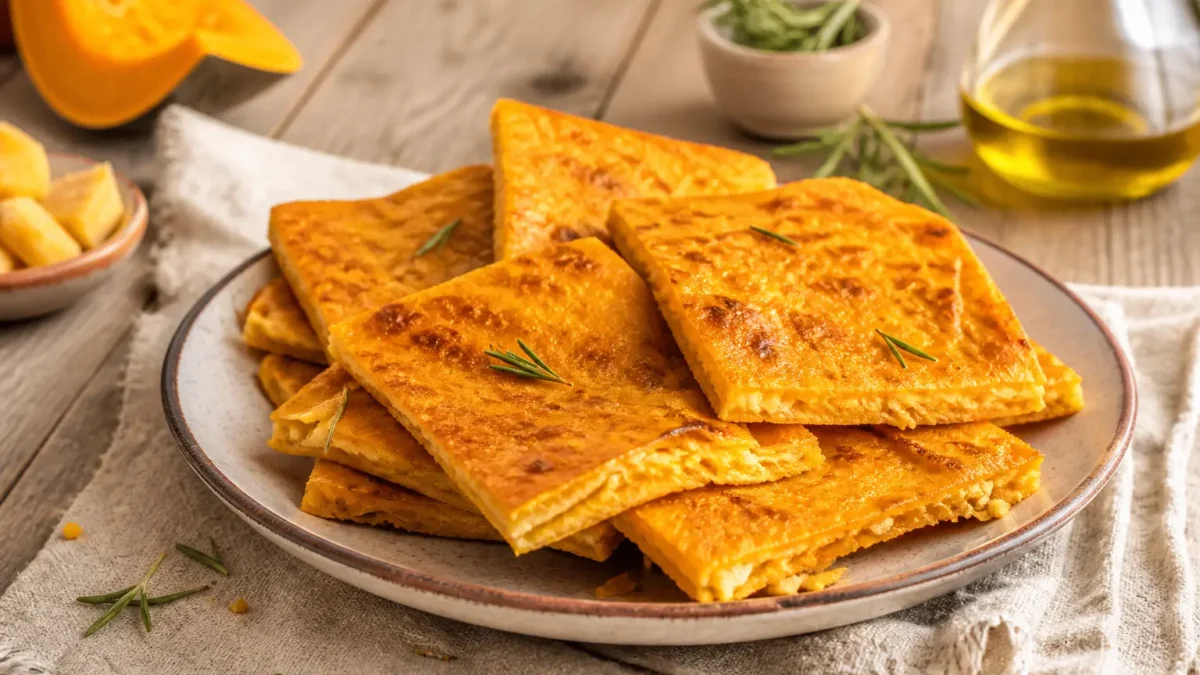 Schiacciata di zucca rossa al rosmarino tagliata a quadrotti