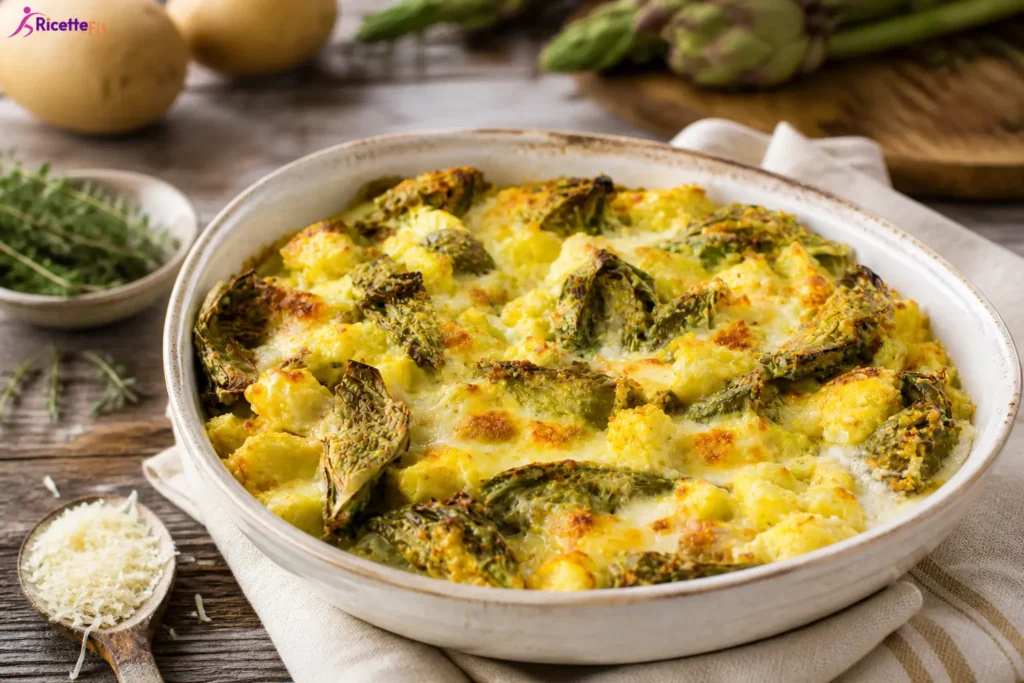 Sformato di carciofi e patate al forno gratinato in pirofila